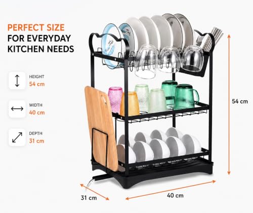 Image of Dish Drying Rack, 3 Tier Dish Rack with Drainboard and Cutlery Holder, Cutting Board Holder, Large Capacity Dish Drainer for Dishes, Bowls, Cups, Kitchen Counter (SS-09)