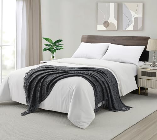 Image of CREVENT Farmhouse Boho Knitted Throw Blanket for Couch Sofa Chair Bed Home Decoration, Soft Warm Cozy Light Weight for Spring Summer Fall (50''X60'' Dark Grey)