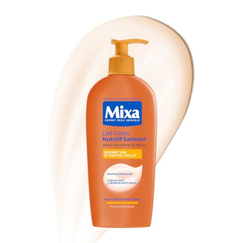 MIXA - Lait Corps Nutritif Satinant - Nutrition Intense & Éclat Naturel - Huile & Beurre de Karité Végétal - Peaux Mates à Foncées, Sèches et Sensibles - 400ml