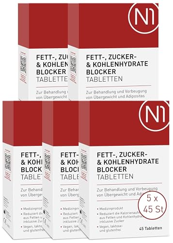 N1 Fettblocker + Zucker & Kohlenhydrate-Blocker Medizinprodukt zur Behandlung & Vorbeugung von Übergewicht - Diät, abnehmen Tabletten schnell, 225 Tabletten