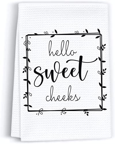 Peaces of Joy Hello Sweet Cheeks Funny Hand Towel Sayings for Bathroom, Rustic Cute Dish Kitchen Fingertip Towels for Home, Decorative Farmhouse Bath Sign Gifts