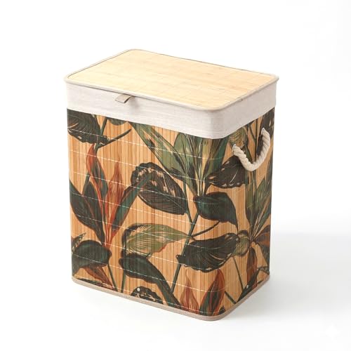 Image of Kura by Ekhasa Leaf Laundry Basket with Lid 60L, Bamboo Laundry Basket for Clothes, Foldable Laundry Hamper Basket with Removable Laundry Bag for Bedroom Bathroom Clothes Storage