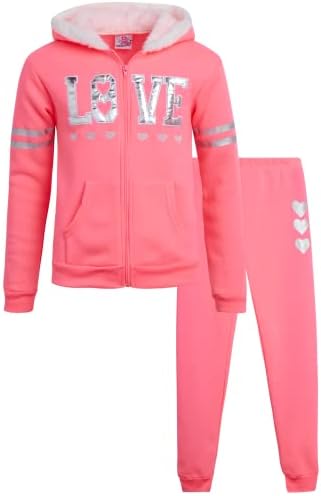 Real Love Girls' Jogger Set - 2 Piece Fleece Sherpa Hood Sweatshirt and Sweatpants (7-16), Size 7-8, Pink/Tie Dye Love