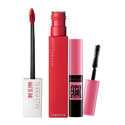Image of Maybelline New York Super Stay Matte Ink Liquid Lipstick, Pioneer + Hypercurl Mini Mascara | Liquid Lipstick | Volumizing Mascara.