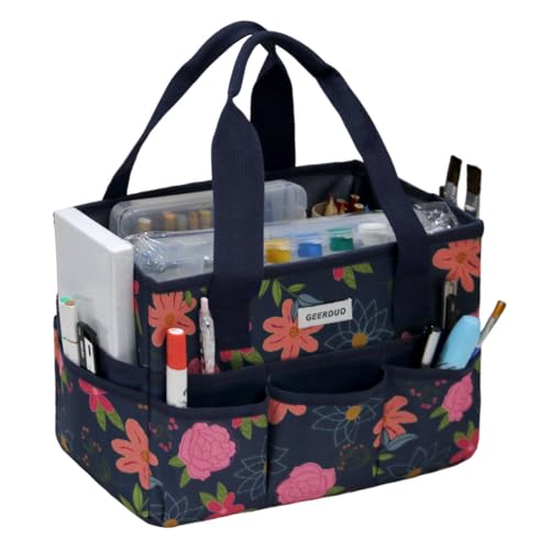 JLDTOP Bolsa organizadora de artesanato com vários bolsos para materiais de escritório, armazenamento de costura, scrapbooking (azul floral)