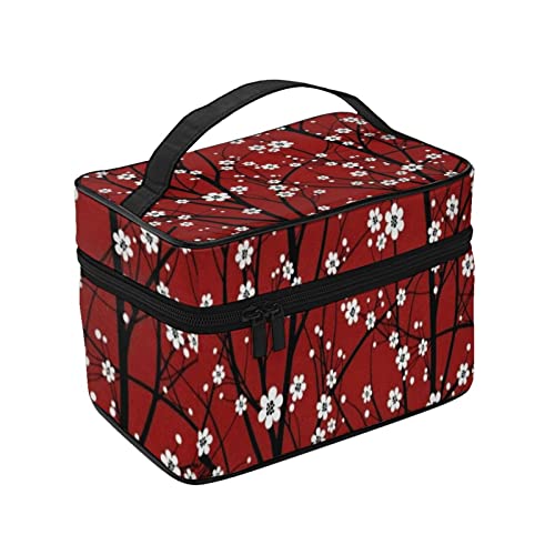 化粧ポーチ メイクポーチ さくら柄 桜柄 サクラ 桜 花柄 花 レッド02 コスメ収納 便携式 化粧バッグ 化粧箱 プロ用 化粧ケース 持ち運び メイクボックス 大容量 化粧品収納バッグ 洗面用具入れ 旅行 出張用 軽量 小物入れ 化粧道具 カバー付きのフ