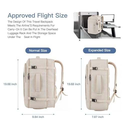 Image of Gieury Travel Backpack, Extra Large 50L Expandable Backpack for Men Women, Carry On Backpack For Airplanes, Travel Essentials Luggage Suitcase Daypack Travel Gift Weekender Bag, Beige