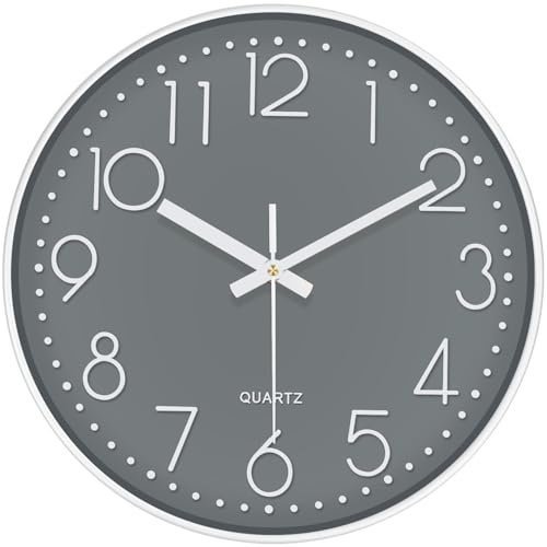 Image of Modern Silent Wall Clock - 12 Inch Wall Clocks Battery Operated Large Number, Non-Ticking Analog Clock with Tempered Glass Quartz Clocks for Living Room Bedroom Office Kitchen, Grey