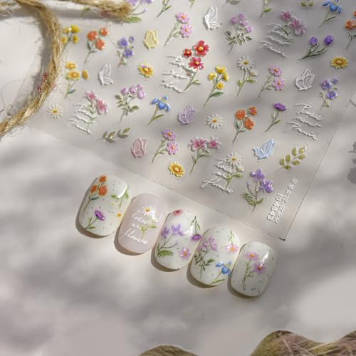 Image of Flower Nail Stickers Wildflower Nail Art Stickers with Butterfly Design 5D Embossed Self Adhesive Spring Nails Decals Charms Supply Decoration Accessories for Women