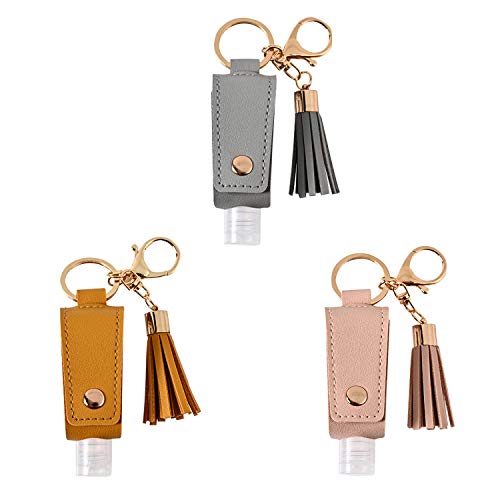 3 PCS Hand Sanitizer Leather Holder Keychain, Empty Travel Size Bottle Holder Refillable Containers for Soap, Lotion, and Liquids with 30ML Flip Cap Reusable Bottles With Tassel Carrier
