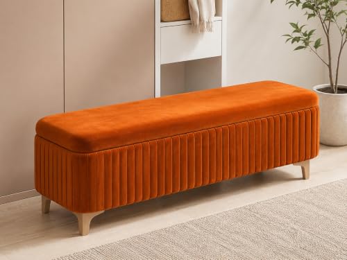 Image of LEGACY OF COMFORT Qwen Velvet Upholstered Flip Top Storage Bench 2 Seater Sofa Upholstered Ottoman Bench with Storage for Living Room, Bedroom (Orange)