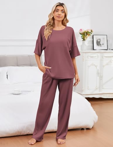 Image of JiniGolla Womens Pajama Sets Waffle Knit Short Sleeve Shirt with Long Pajama Pants Soft Sleepwear Pj Lounge Sets