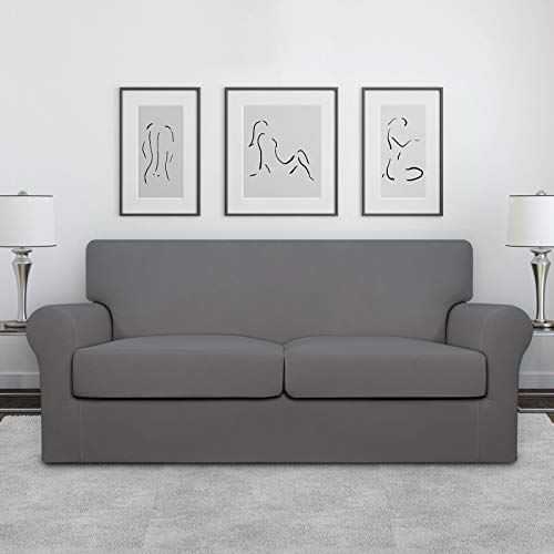 Image of Easy-Going Stretch Oversized Loveseat Couch Cover for 2 Cushion Washable | Sofa Slipcover for Stretch 2 Separate Sectional Cushion Couch - Furniture Protector for Pets, Kids Light Gray