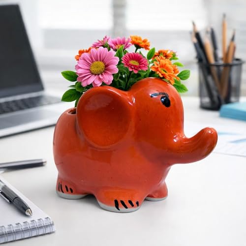 Image of Ceramic Elephant Shape Flower Vase & Succulent Planter (6-inch) | Cute Elephant Pot for Home Decor, Living Room, Office Desk & Gifting | Water-Resistant Vase for Natural Flowers (2, Orange)