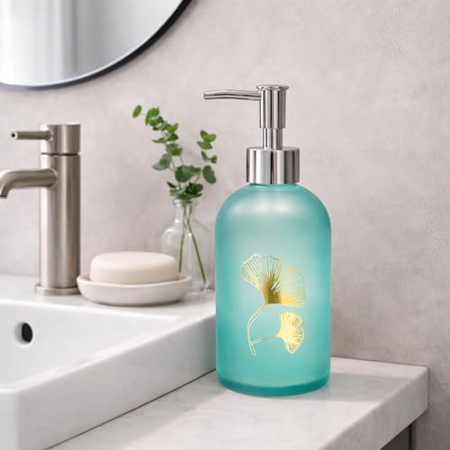 Image of Luxe Home International Flower Print Glass Soap Dispenser for Bathroom and Kitchen Sink Leak Proof Liquid Hand Wash Round Bottle Lightweight Smooth Finish (19.5x7.5 cm Sky) Pack of 1