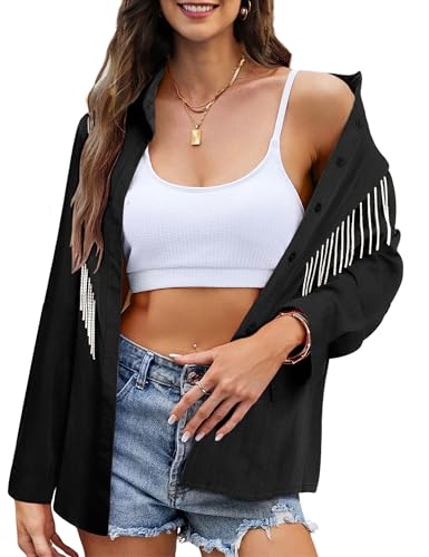 Daacee Sparkle Fringe Long Sleeve Shirts for Women Rhinestones Tassel Buttoned Shirts Tops Western Cowgirl Outfits2