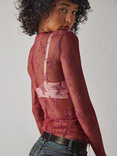 JOKELAMB Women Lace Undershirt See Through Shirts Mesh Sheer Tops Long Sleeve Slim Fit Layering Top Blouse Wine Red