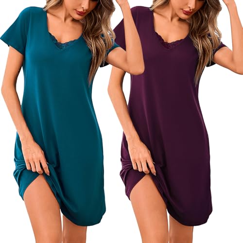 Aseniza 2er Nachthemd Damen Kurzarm Schlafshirt Kurz Spitze Sleepshirt Sommer Schlafhemd Kurze Ärmel Nachtwäsche Nightdress Baumwolle V-Ausschnitt Blau Violett M