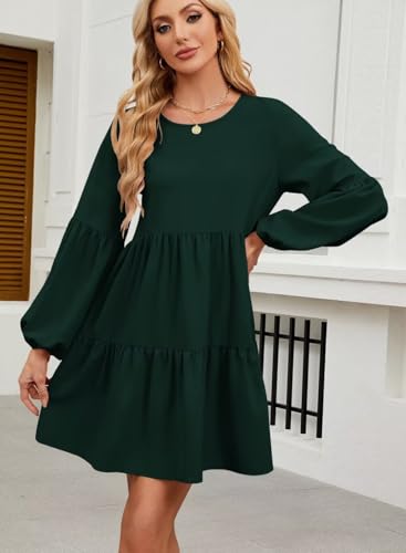 Image of QACOHU Falll Dresses for Women 2026 Crew Neck Long Lantern Sleeve Casual Loose Flowy Swing Shift Dress