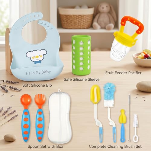 Image of Safe-O-Kid Baby Feeding Essentials Kit | 1 Silicone Bib, 1 Fruit Feeder, 1 Spoon & Fork Set with Storage Case, 1 Bottle Cleaning Brush Set & 1 Silicone Bottle Cover | BPA-Free Feeding | Assorted