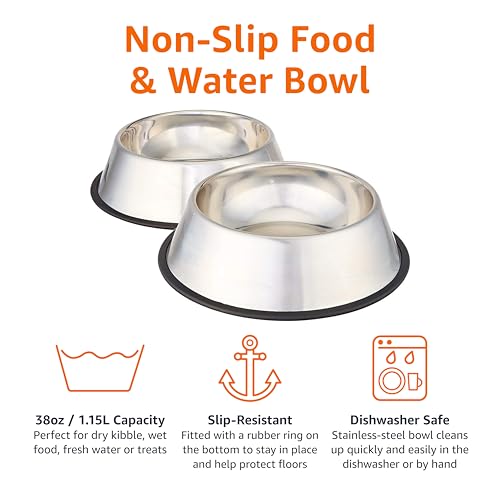 Amazon Basics Stainless Steel Non-Skid Pet Dog Water And Food Bowl, 2-Pack (10 x 2.8 Inches), Each Holds Up to 38oz - Image 4
