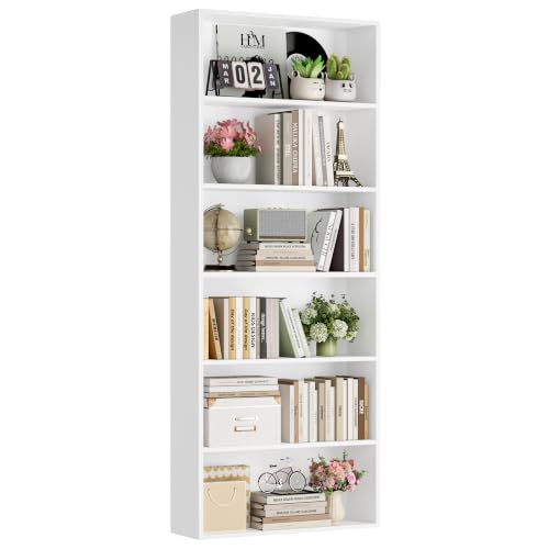 FOTOSOK 6 Tier Tall Bookshelf and Bookcase with Open Display Shelves, White