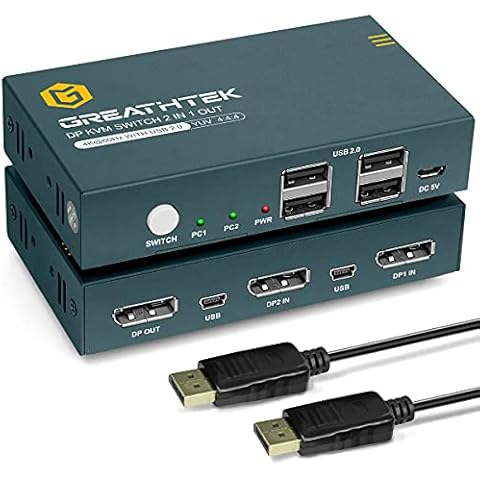 DisplayPort KVM Switch 2 Port 4K@60Hz,USB2.0,DP KVM Switches,Displayport Switch 2 PC 1 Monitor,DP1.2,Ultra HD,Button Switch,With cable,2 In 1 Out Cover