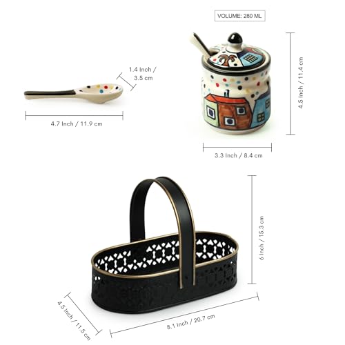 Image of ExclusiveLane 'The Hut' Ceramic Pickle Jars for Dining Table Jars With Spoons & Iron Holder (Non Air-Tight,Set Of 2,280 ml,Multicolor) | Ceramic Jars for Kitchen Storage Pickle Jar for Storage