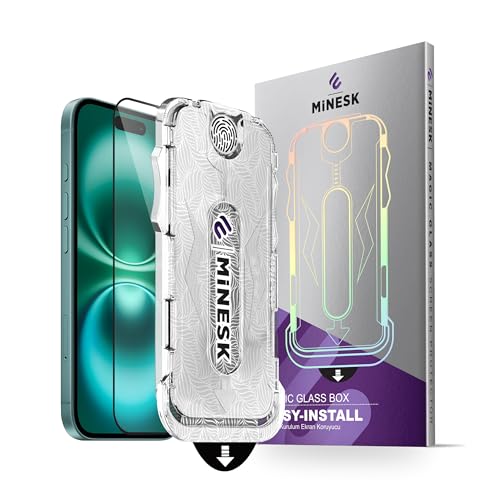 Minesk MAGIC GLASS iPhone 16 PLUS için Otomatik Hizalama Aparatlı Ekran Koruyucu (Güçlendirilmiş Temperli Cam) Takılırken Toz Toplama Özellikli (16 PLUS)
