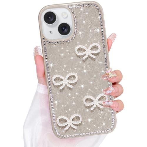 Image of DIZORO Compatible for iPhone 13 / iPhone 14 Cover 6.1, Luxury Diamond Cute with Bow Glitter Bling Case with Full Camera Protection PC+TPU Glossy Shiny Back Cover Case for Girls Women (Desert)