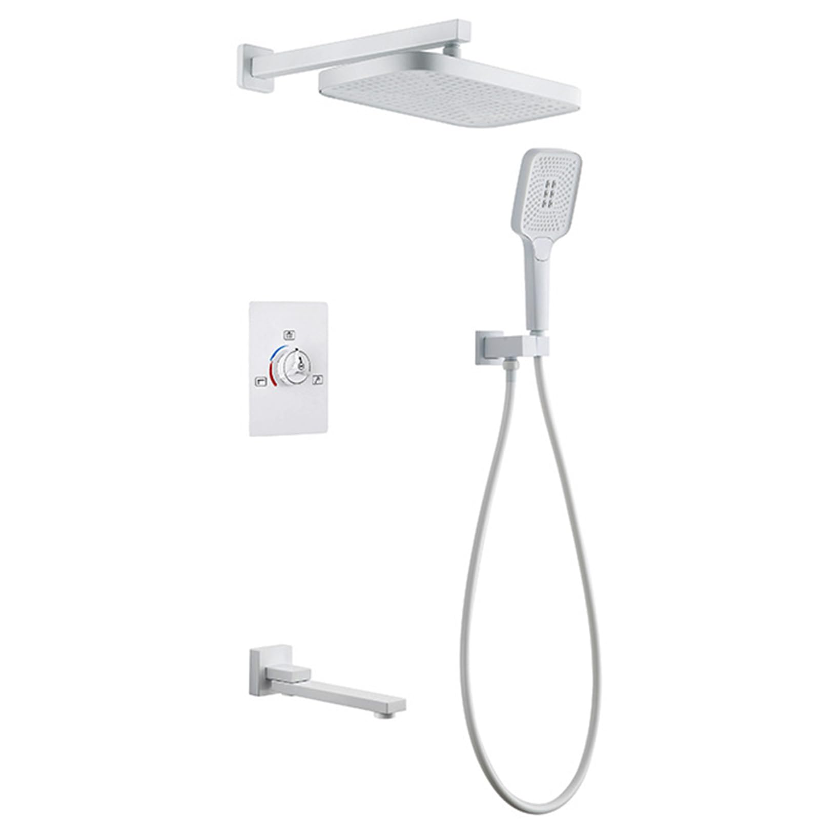 Mitigeur de douche encastré blanc avec douchette à main et bec de baignoire pivotant
