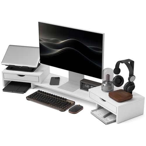 HOMCOM Rehausseur écran PC bureau support d'écran d'ordinateur de 60-116 cm support moniteur avec 2 tiroirs, longueur et angle réglables, pour ordinateur...