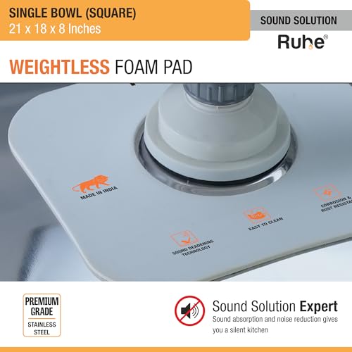 Image of Ruhe Stainless Steel Square Bowl Kitchen Sink 21x18x8 Inches (Glossy Finish), Bright Silver