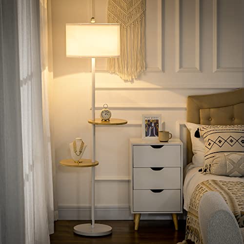 HOMCOM Lámpara de Pie con Mesitas de Bambú Lámpara Moderna con Estantes Casquillo E27 Máx. 40W con Pantalla de Lino e Interruptor de Pie para Salón Dormitorio Ø40x163 cm Blanco