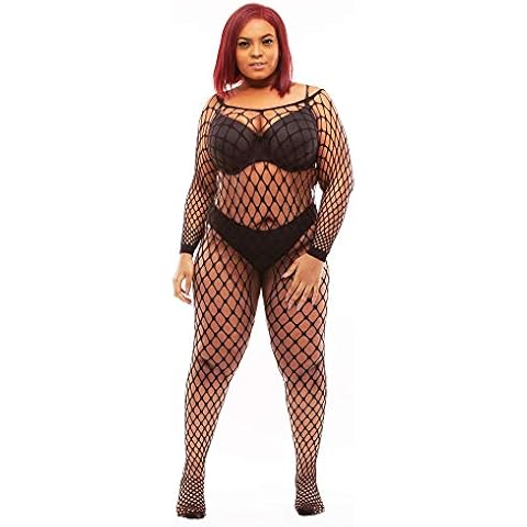 PRINCESS LACE BOUTIQUE Sleeve Catsuit Bodysuit Plus One Size Large Net Fishnet Cover