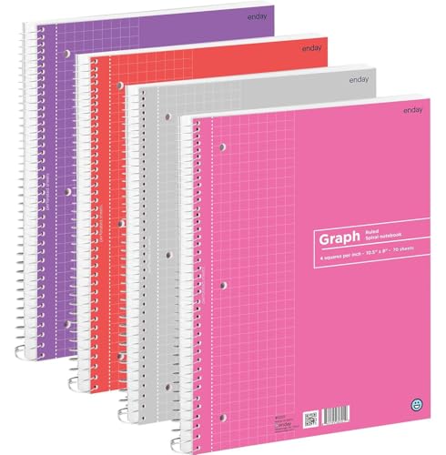 Image of Emraw Graph Paper Notebook (4 Pack) Grid Notebook, Graph paper spiral notebook, Graph notebook, 4 Squares per inch Grid paper notebook, White Paper Quad Ruled Spiral Assorted Colors - by Enday