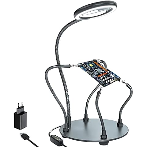 Lupe Mit Licht Dritte Hand Löten 3X VergrößErung Helfenden HäNden Tageslicht Lupenlampe Mit Licht Mit 28 Dimmbare LED,Schwerlast Basis 4 flexible Helfende Arme Beleuchtete Zum basteln,Löten,Hobbies Cover
