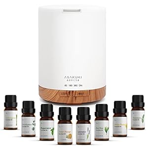ASAKUKI Essential Oil Diffuser, Aromatherapy Cool Mist Home Humidifier with 7 LED Color Changing Light and Auto-Off Safety Switch, 8 Essential Oils Set, 300ml (Brown with Oils)