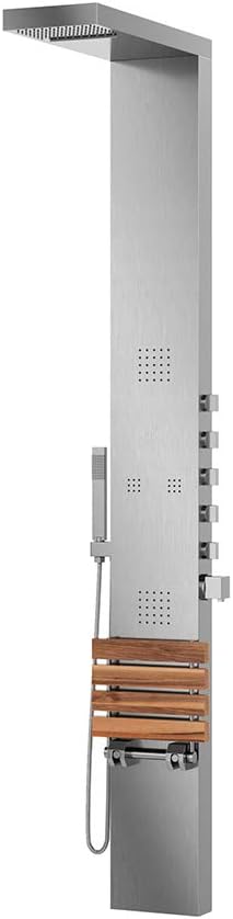 Pulse ShowerSpas 1035 Oahu ShowerSpa Panel with 7" Rain/Waterfall Showerhead, 4 Body Spray Jets in 2-Sizes, Hand Shower, Folding Teak Seat/Shelf, Brushed Stainless Steel Finish