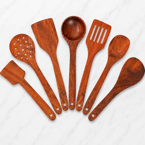Image of SIGNAMIO 7-Piece Wooden Spatula Set for Cooking, Natural Sheesham Wood Kitchen Utensils Set, Non-Stick Safe Cooking Tools, Turner, Ladle, Slotted Spatula & Serving Spoon Set for Kitchen
