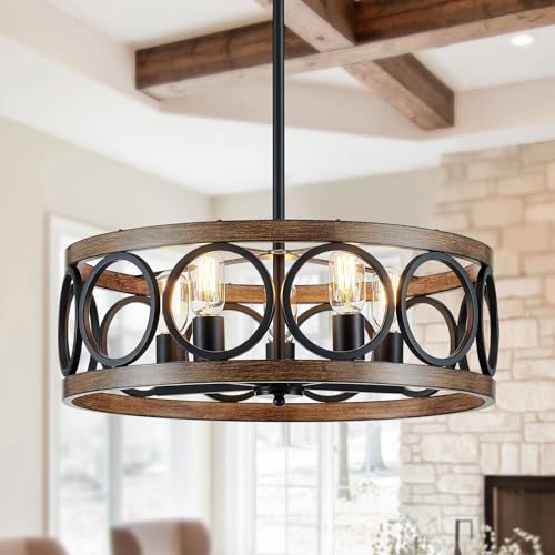 XINGQI Modern Farmhouse Chandelier 5 Lights Black Wood Grain Dining
