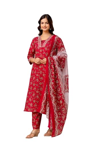 Image of PARTHVI|Women's Pure Cotton Printed with Handwork Kurta with Pants and Dupatta Set | Ethnic Set | Suit Set | Kurta Set | Wedding Suit Set