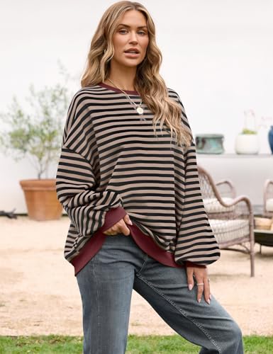 Image of UEU Women Oversized Striped Crewneck Sweatshirt Long Sleeve Color Block Pullover Tops Casual Loose Workout Shirt