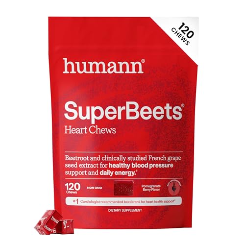 humanN SuperBeets Heart Chews Beet Root Powder Support Energy Supplement Nitric Oxide and Blood Pressure Support Grape Seed Extract & Non-GMO Heart Health Pomegranate Berry Flavor 120 Count