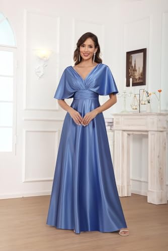 VGZ Satin Mother of The Bride Dresses for Women V Neck Long A Line Formal Evening Gown with Sleeves4