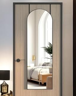 KOMCOTE Full Length Mirror 48x14 Inches - Over The Door Hanging Mirror for Bedroom, Living Room, Closet - Arch Floor Mirror, Door Mirror with Black Frame - No Drill Easy Install