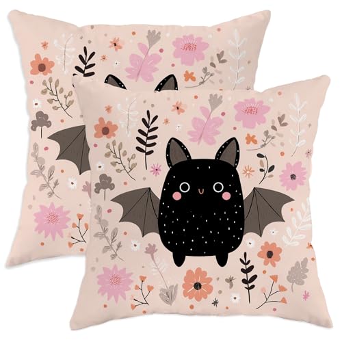 Halloween-Kissenbezüge, 2er-Set, pfirsichfarben, niedliche Fledermaus-Blumen, saisonale dekorative quadratische Heimdekoration für Sofa, Couch, Bett, 30,5 x 30,5 cm