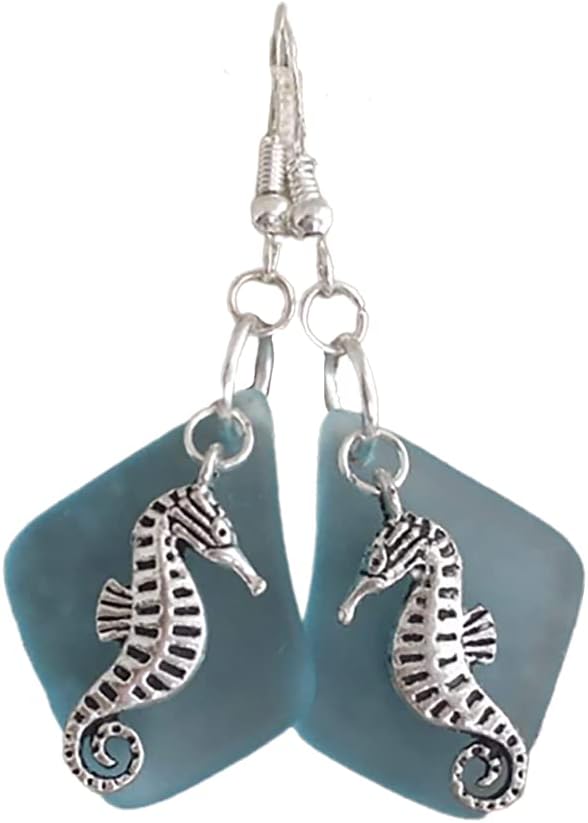 Handmade in Hawaii,"Twin seahorse" Turquoise Bay blue sea glass earrings, "December Birthstone", (Hawaii Gift Wrapped, Customizable Gift Message)