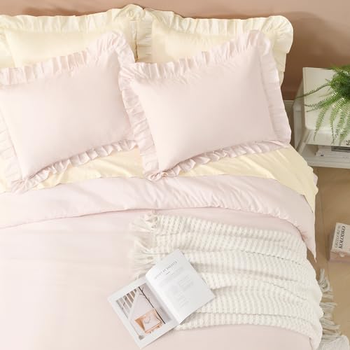 Image of Litanika Light Pink King Size Comforter Set, 3 Pieces Ruffle Farmhouse Aesthetic Bedding Comforter Set, All Season Soft Lightweight Fluffy Microfiber Bed Set(104x90In Comforter, 2 Pillowcases)