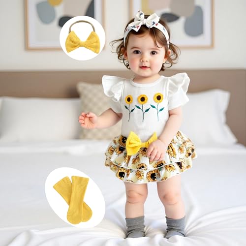 Baby Girl Summer Outfit Short Sleeve Sunflower Embroidery Romper+Shorts+Headband+Socks Infant Clothes Set2